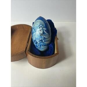 Hand Painted Decorative Egg Winter Horse  Russian Folk Art Blue White Wooden Box